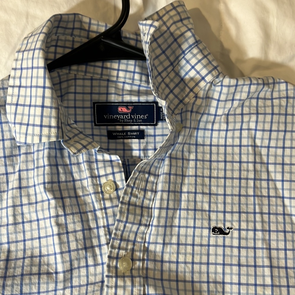 Boys L Vineyard Vines Whale Shirt in blue check